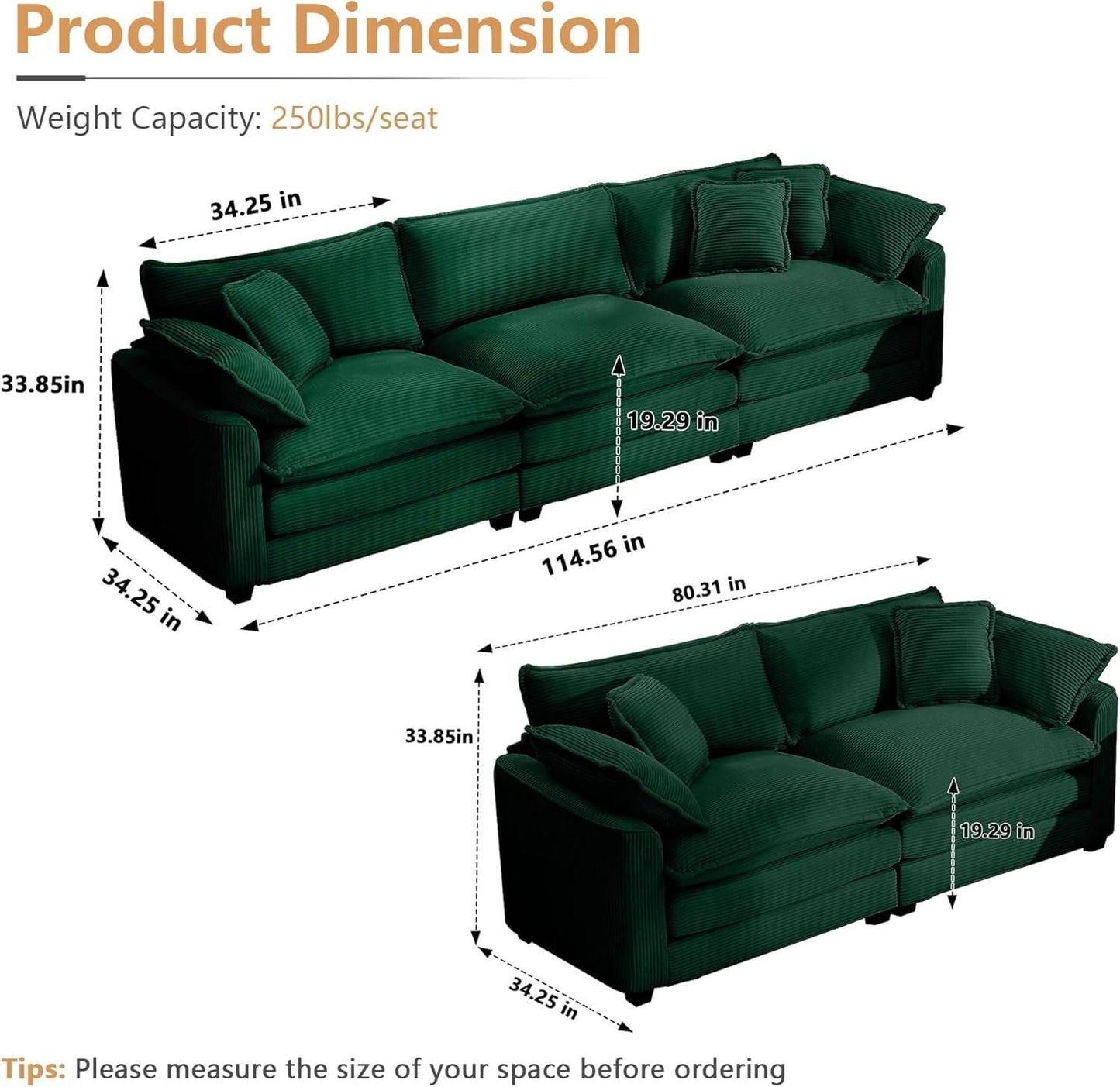 Oversized 2 Piece Sofa Set, 3-Seater & Loveseat Couch in Green - Loft&Timber