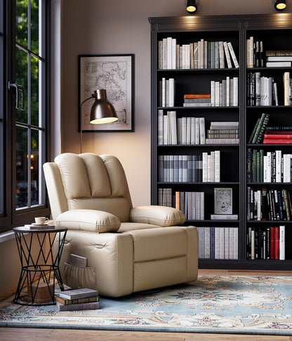 22'' Rocker Swivel Recliner Chair, Lazy Recliner for Adults, with 1.5X Sponge Filling, Side Pocket, and Cup Holder, for Living Room, Bedroom, and Nursery, Creamy-2