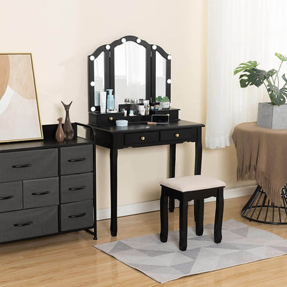 Black Vanity Set with Lighted Tri-Fold Mirror - Loft&Timber