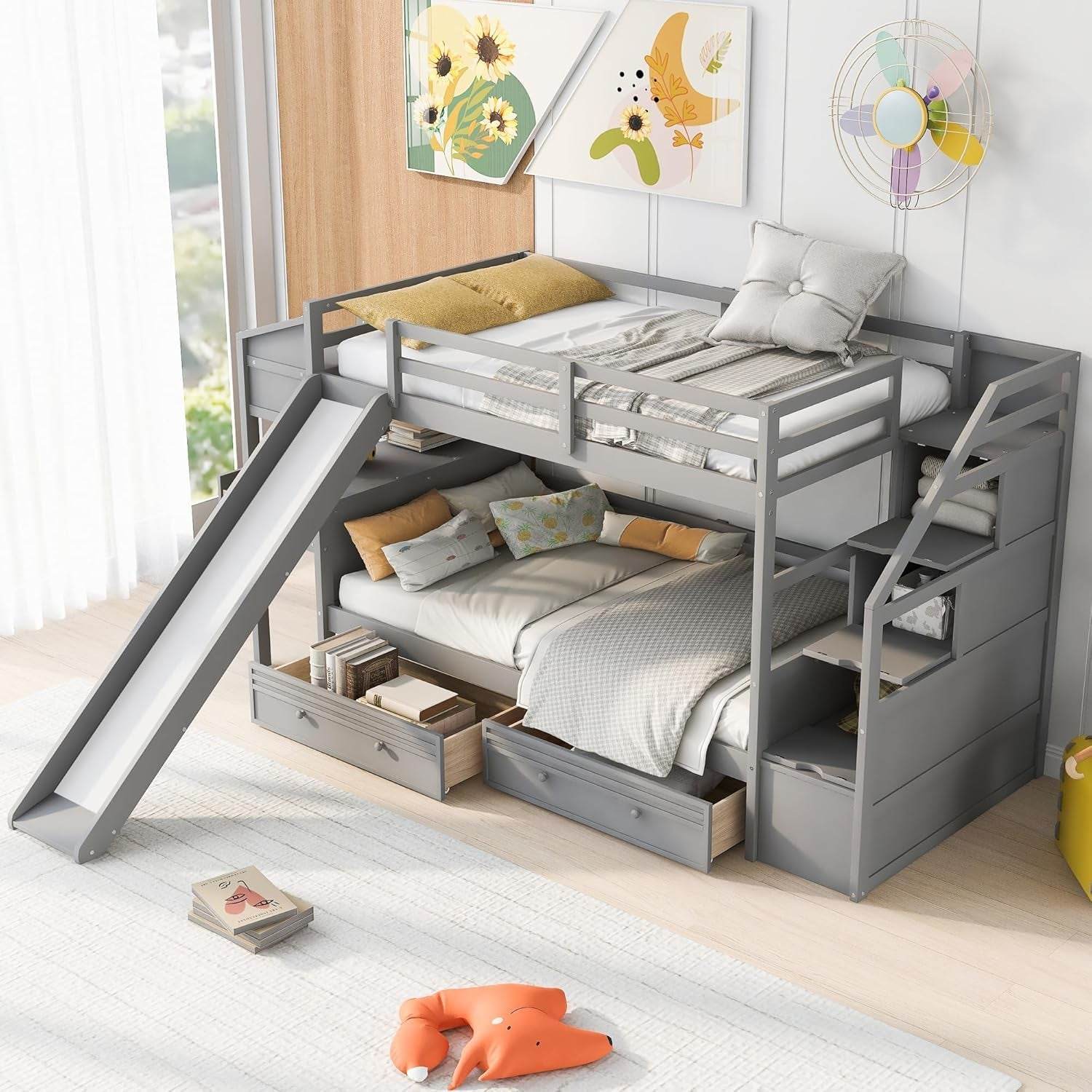 Twin over Twin Bunk Bed with 4 Drawers and Storage Staircase, Wood Bed Frame with Desk and Shelves, Twin Beds with Slide and Full-Length Guardrails for Kid'S Room or Dormitory, Gray - Loft&Timber