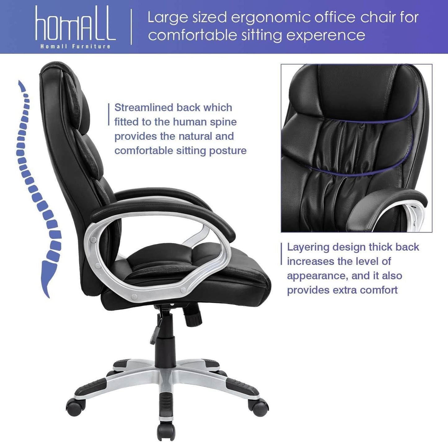 High Back Computer Desk Chair with Padded Armrests and Lumbar Support (Black) - Loft&Timber