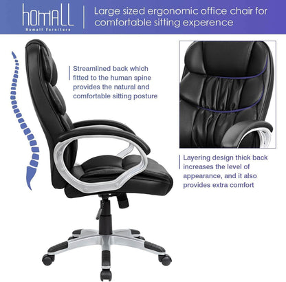 High Back Computer Desk Chair with Padded Armrests and Lumbar Support (Black) - Loft&Timber