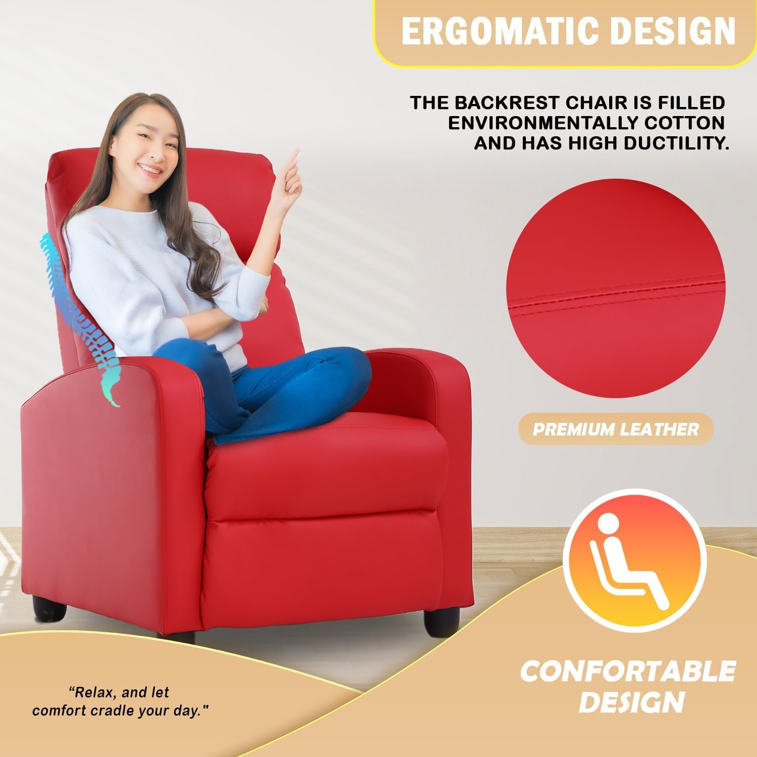 Recliner Chair Single Reclining Sofa Home Theater Seating with Lumbar Support and Padded Backrest for Living Room and Bedroom (Leather, Red)-3