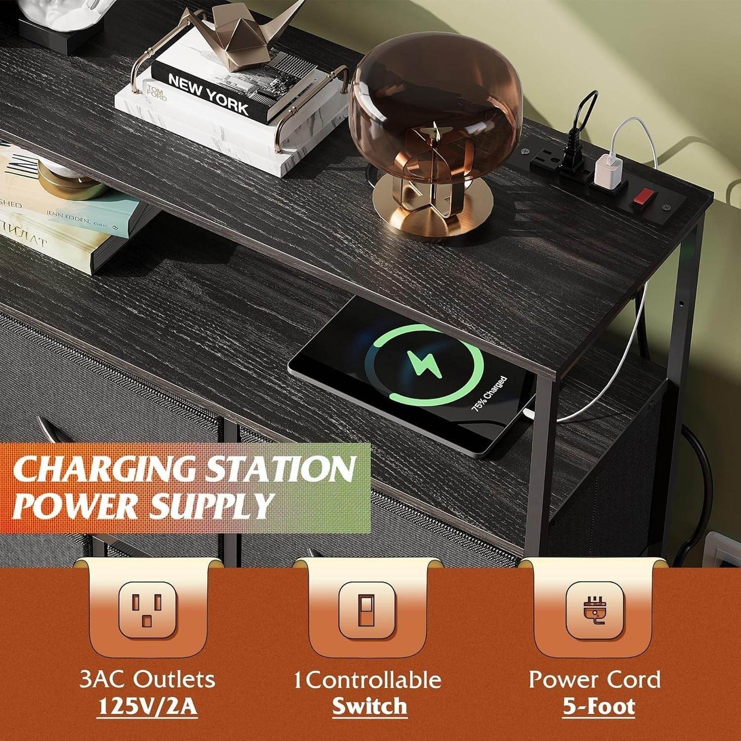 Dresser TV Stand with Open Shelf and Power Outlet, in Black with 5 Drawers - Loft&Timber