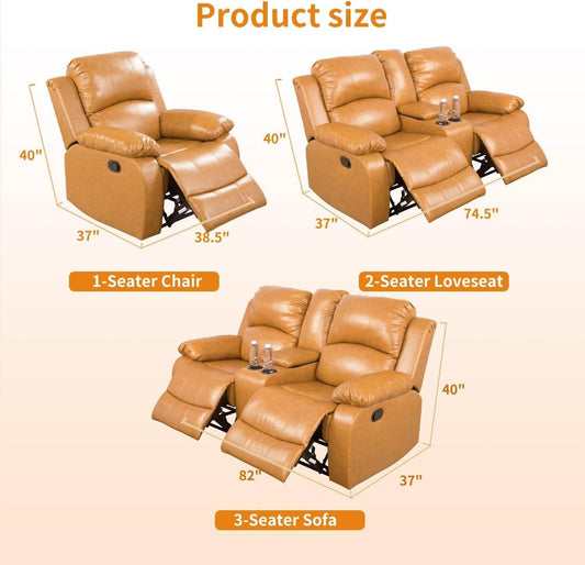 Manual Leather Recliner Sofa Set in Ginger, Sofa+Lovsesat+Chair - Loft&Timber