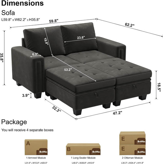 Velvet Modular Sectional Sofa Couch with Storage Convertible Sectional Sleeper Sofa Couch Bed Set with Reversible Chaise Grey - Loft&Timber