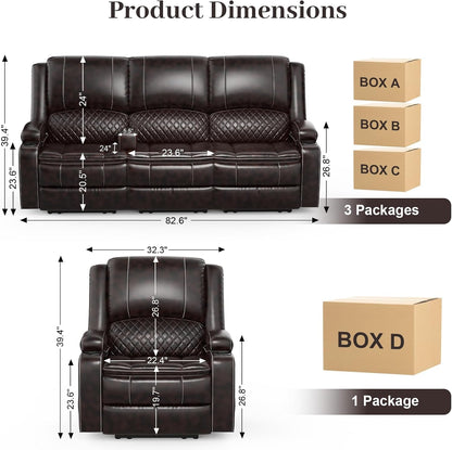 3 Seater Recliner Sofa Set with 2-Tier Cushion, 3+1 Pieces in Living Room, 3 Seater Reclining Couch Leather with Removable Console, 1 Oversize Recliner Chair Sofa Seat-1