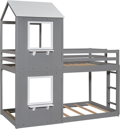 Twin Bunk Beds with House Shape, House Bunk Bed with Roof, Window & Ladders, Twin over Twin Bunk Bed for Kids Girls Boys Teens (Grey)-4