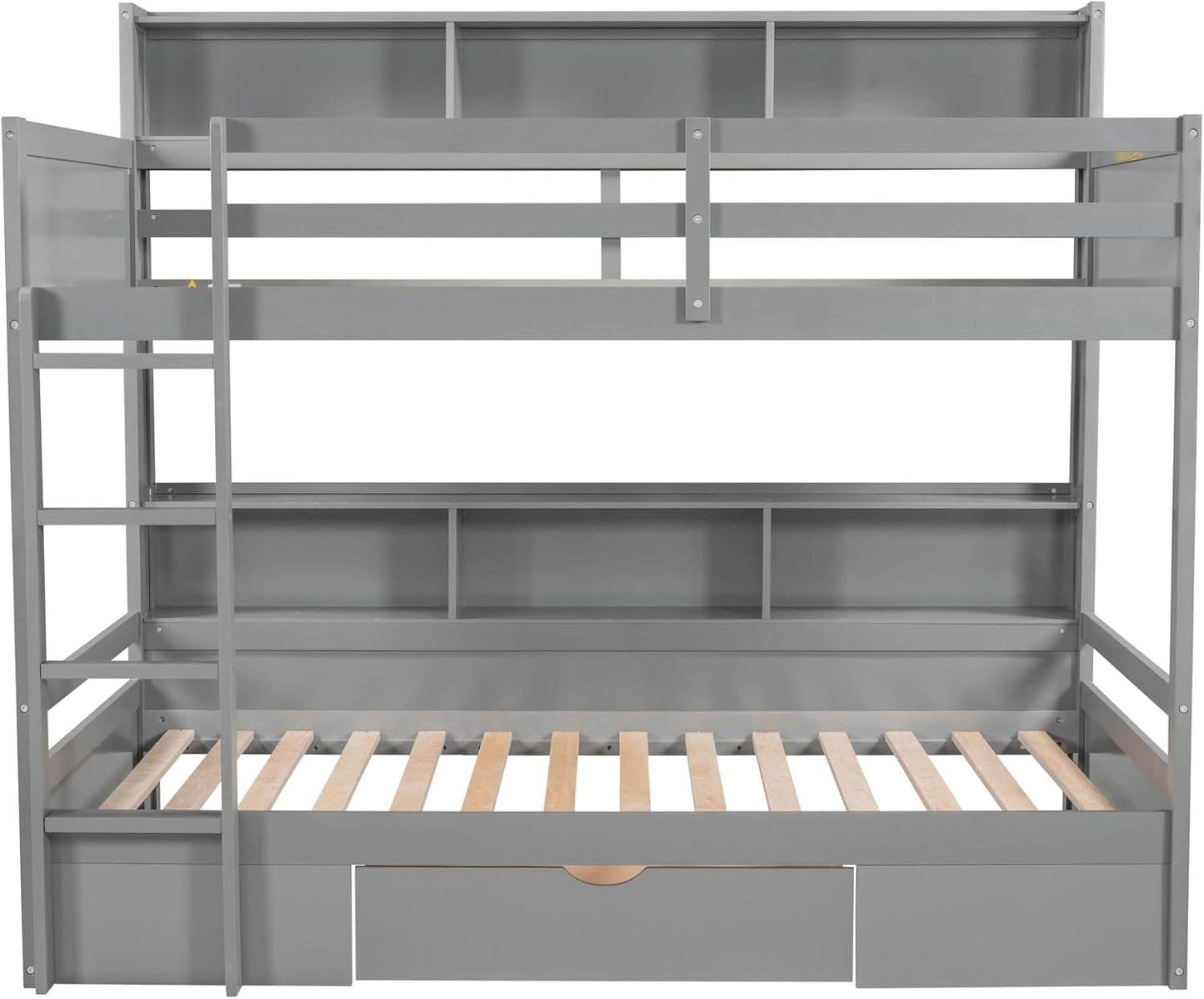 Bunk Bed Twin over Twin with Storage,Wood Twin Bunk Beds with Built-In Shelves beside Both Upper & down Bed,Multi Storage Bunk Beds with Drawer for Kids Girls Boys, Grey - Loft&Timber
