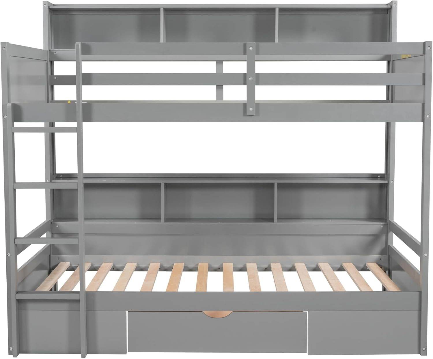 Bunk Bed Twin over Twin with Storage,Wood Twin Bunk Beds with Built-In Shelves beside Both Upper & down Bed,Multi Storage Bunk Beds with Drawer for Kids Girls Boys, Grey - Loft&Timber