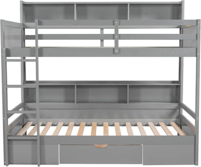 Bunk Bed Twin over Twin with Storage,Wood Twin Bunk Beds with Built-In Shelves beside Both Upper & down Bed,Multi Storage Bunk Beds with Drawer for Kids Girls Boys, Grey - Loft&Timber