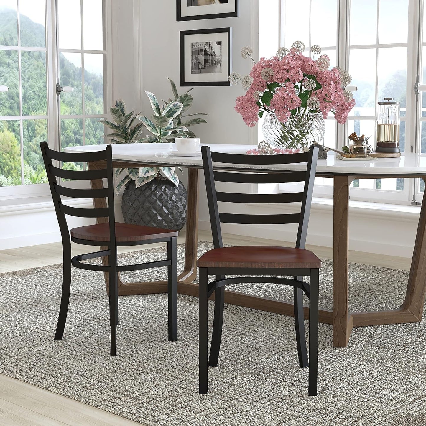 2 Pack Hercules Series Black Ladder Back Metal Dining Chair With Mahogany Seat For Restaurants-1