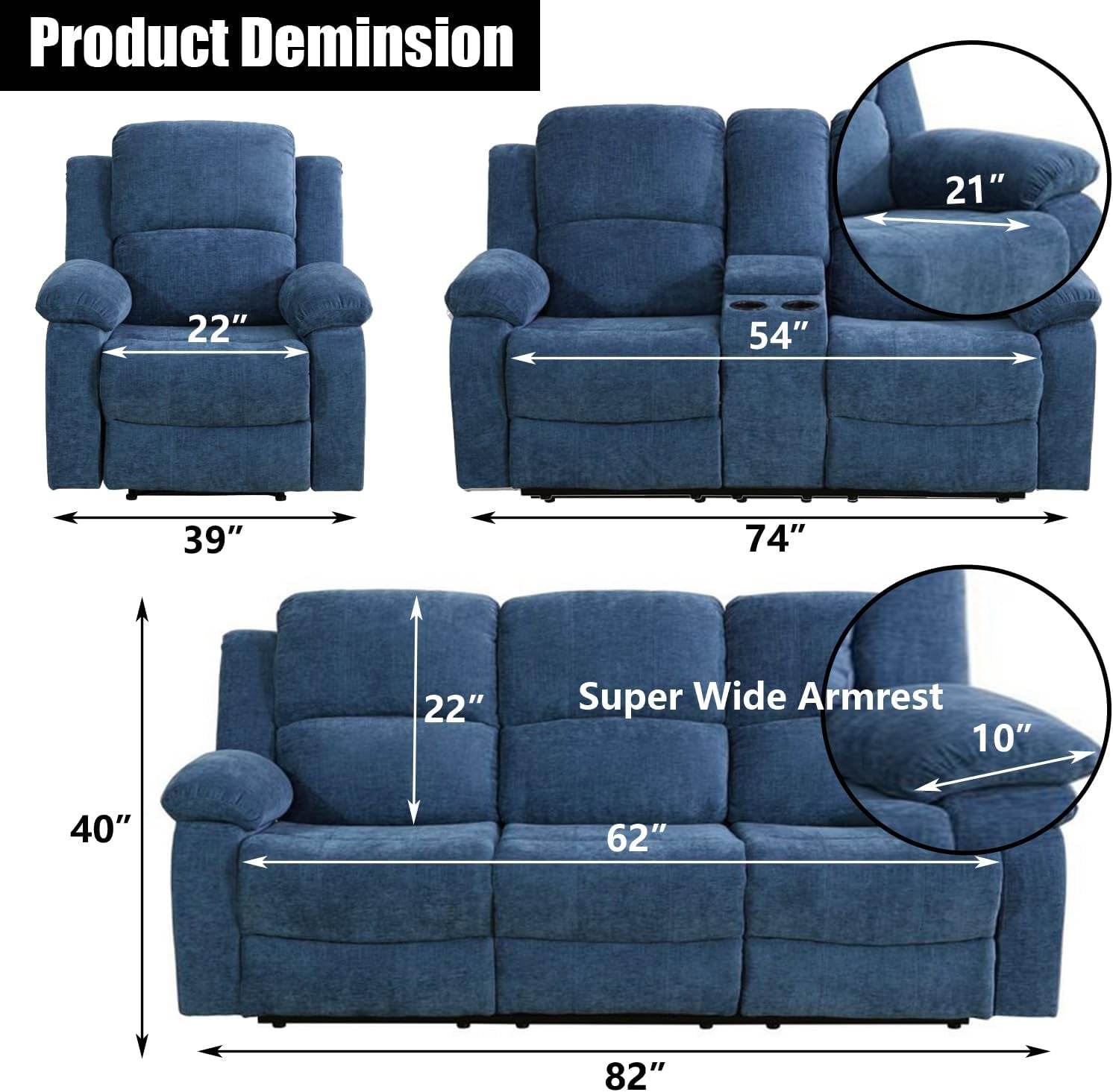 Recliner Sofa Set /Blue Linen - Loft&Timber