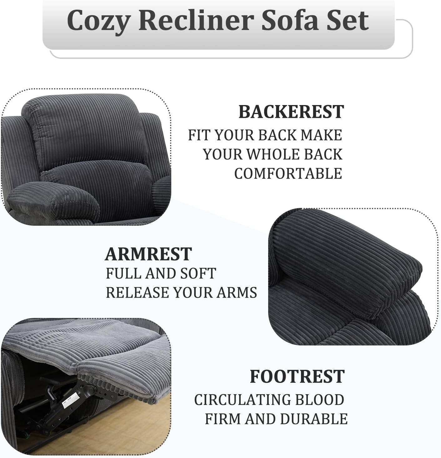 Recliner Sofa Set Living Room Furniture, Flannel Fabric Reclining Sofa Set, Recliner Couch Set with Cup Holders and Storage Console, Dark Grey - Loft&Timber