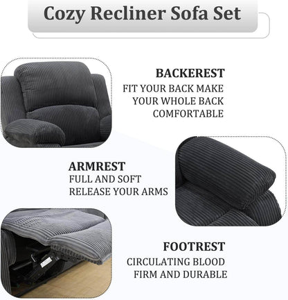 Recliner Sofa Set Living Room Furniture, Flannel Fabric Reclining Sofa Set, Recliner Couch Set with Cup Holders and Storage Console, Dark Grey - Loft&Timber