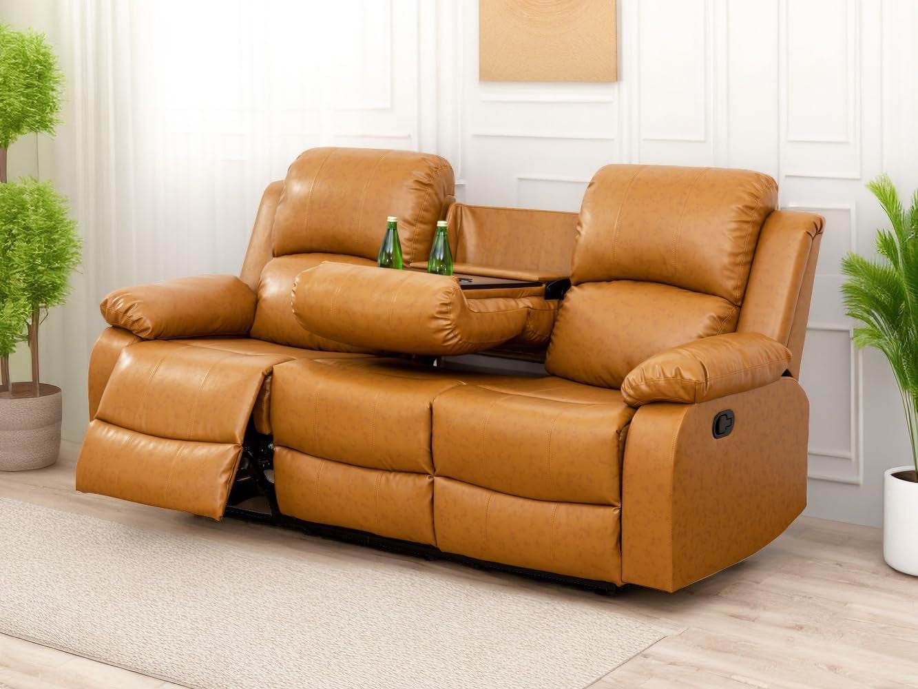 Manual Reclining Sofa 3 Seater Recliner Sofa Couch Living Room Furniture Modern Leather Reclining Sofa with Cup Holders & Flip-Down Table for Living Room/Office/Rv Car (Ginger, 3 Seater Sofa) - Loft&Timber