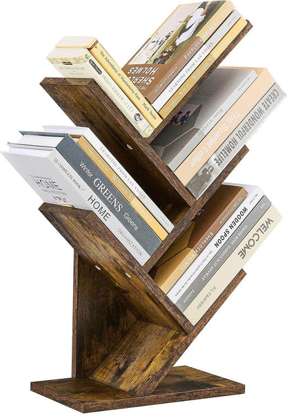 4 Tier Tree Bookshelf, 4 Shelf Bookcase, Modern Book Storage, Free Standing Tree Bookcase, Utility Organizer Shelves for Home Office, Living Room, Bedroom, Rustic Brown - Loft&Timber