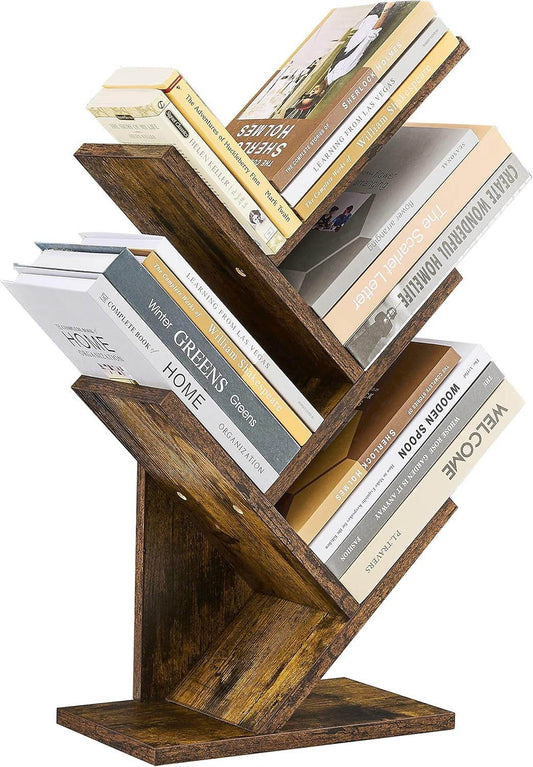 4 Tier Tree Bookshelf, 4 Shelf Bookcase, Modern Book Storage, Free Standing Tree Bookcase, Utility Organizer Shelves for Home Office, Living Room, Bedroom, Rustic Brown - Loft&Timber