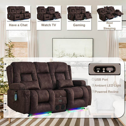 Power Loveseat Recliner Sofa with Massage & Heat (Velvet, Brown) - Loft&Timber