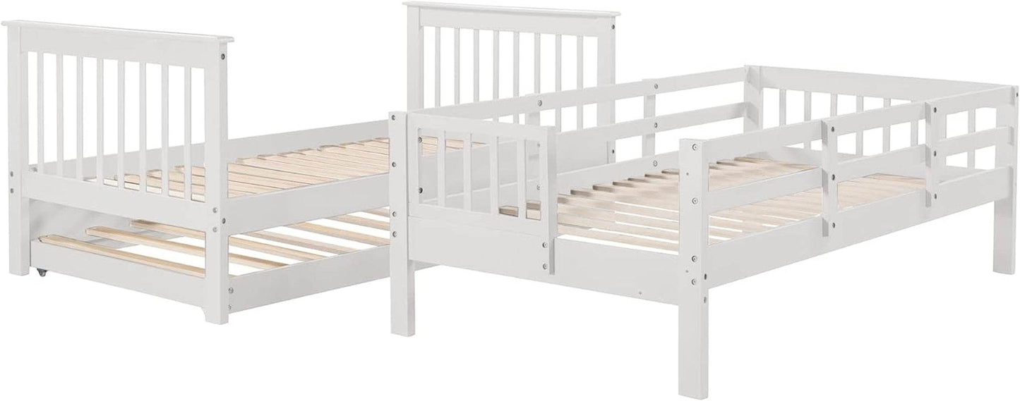 Twin over Twin Bunk Bed with Stairs and Trundle, Solid Wood Stairway Bunk Bed Frame with Storage, for Kids Teens Adults – White - Loft&Timber