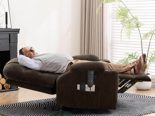 Large Dual Motor Lay Flat Power Lift Recliner Chair with Massage, Heating, Lumbar Pillow, USB & Type-C Ports, Textile Lift Chairs Recliners, Oversized Recliner for Big & Elderly People - Brown - Loft&Timber