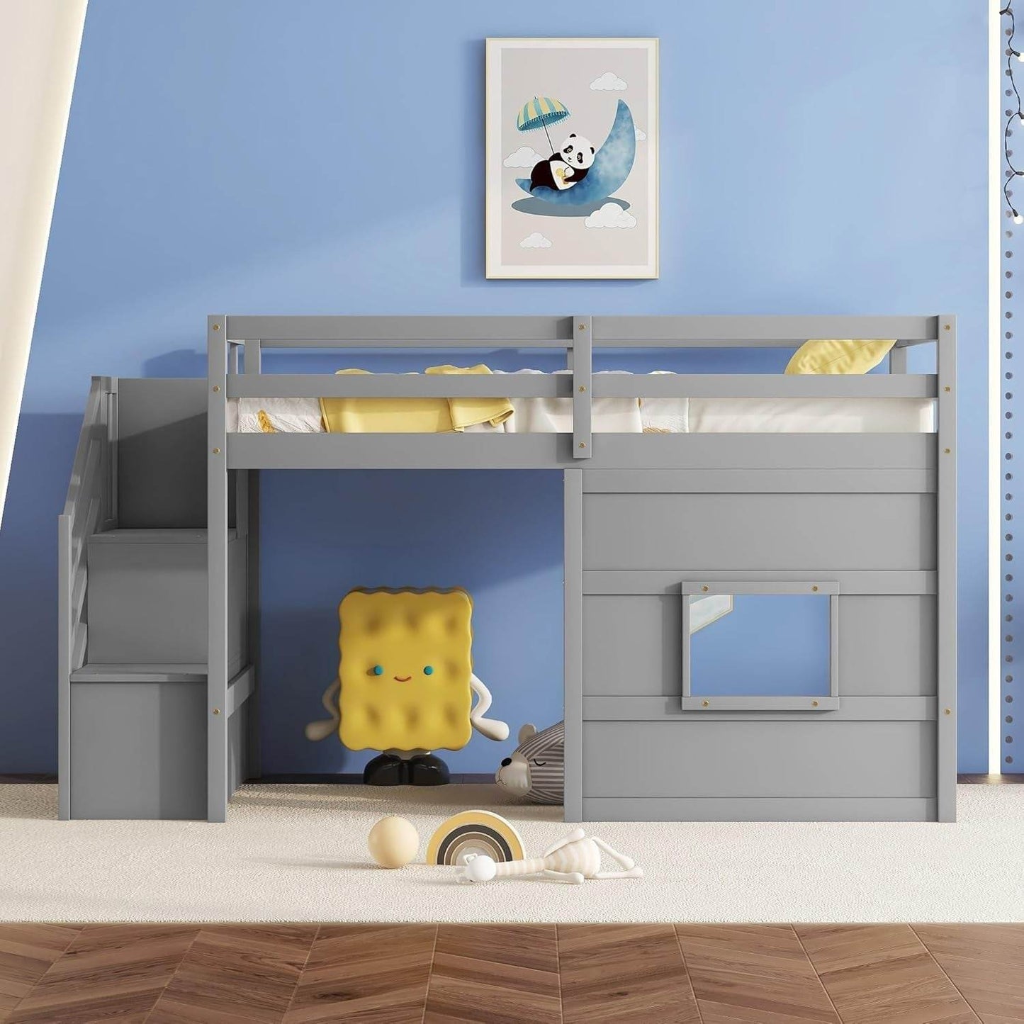 Twin Size Low Loft Bed with Stairs, Kids Loft Bed with Storage,Solid Wood Twin Loft Bed Frame for Kids, Space Saving Low Loft Bed for Boys, Girls, Gray - Loft&Timber