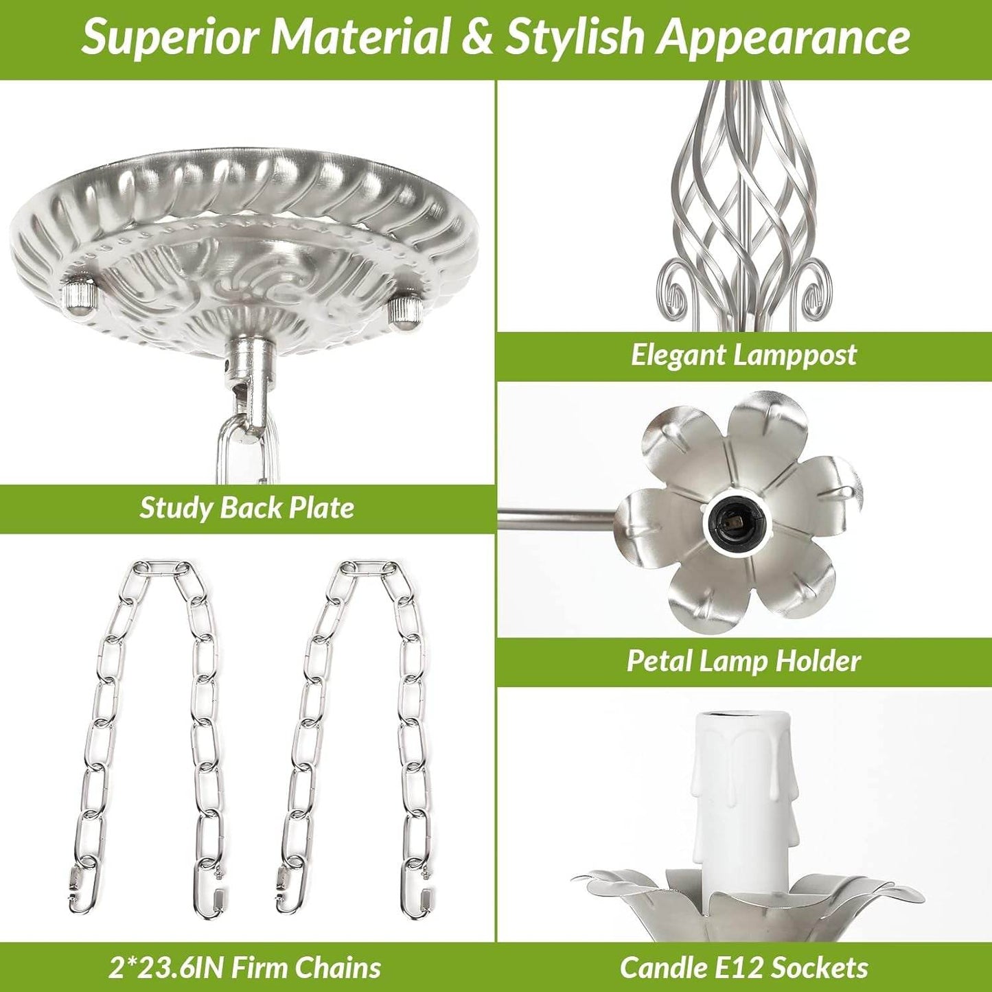 6-Light Farmhouse Candle Chandelier for Living Room, Rustic Industrial Pendant Ceiling Light Fixture, Brushed Nickle Modern Ceiling Hanging Lamp for Bedroom Hallway Kitchen Dining Room Foyer, E12 Base - Loft&Timber