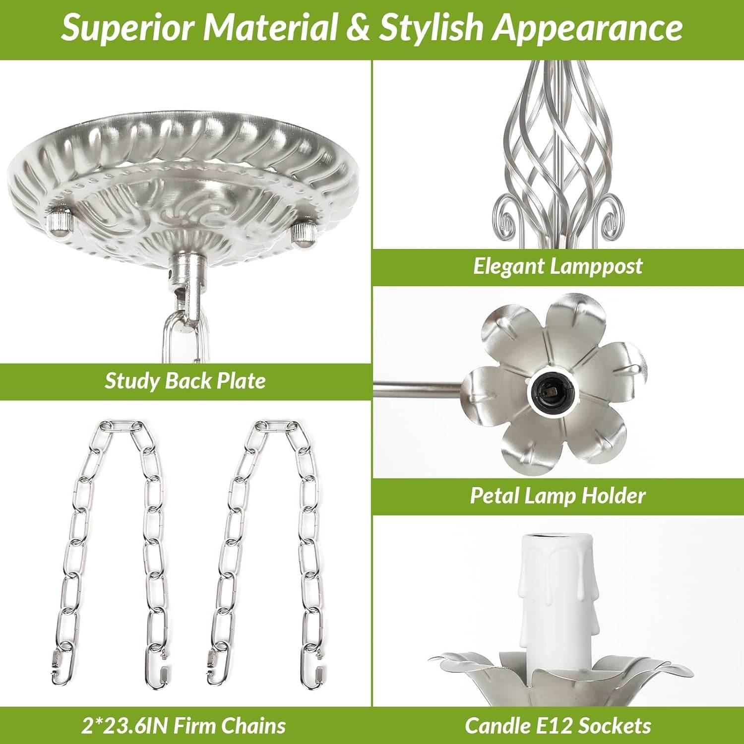 6-Light Farmhouse Candle Chandelier for Living Room, Rustic Industrial Pendant Ceiling Light Fixture, Brushed Nickle Modern Ceiling Hanging Lamp for Bedroom Hallway Kitchen Dining Room Foyer, E12 Base - Loft&Timber