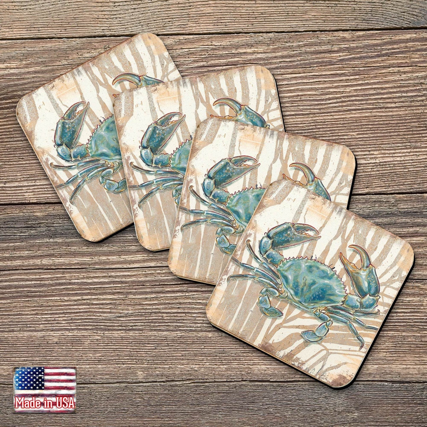 Crab Coastal Wooden Cork Coasters Gift Set of 4 by Nature Wonders - 95224-2C-S4 - Loft&Timber