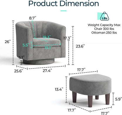 Grey Velvet 360 Swivel Armchair With Ottoman Footrest - Loft&Timber