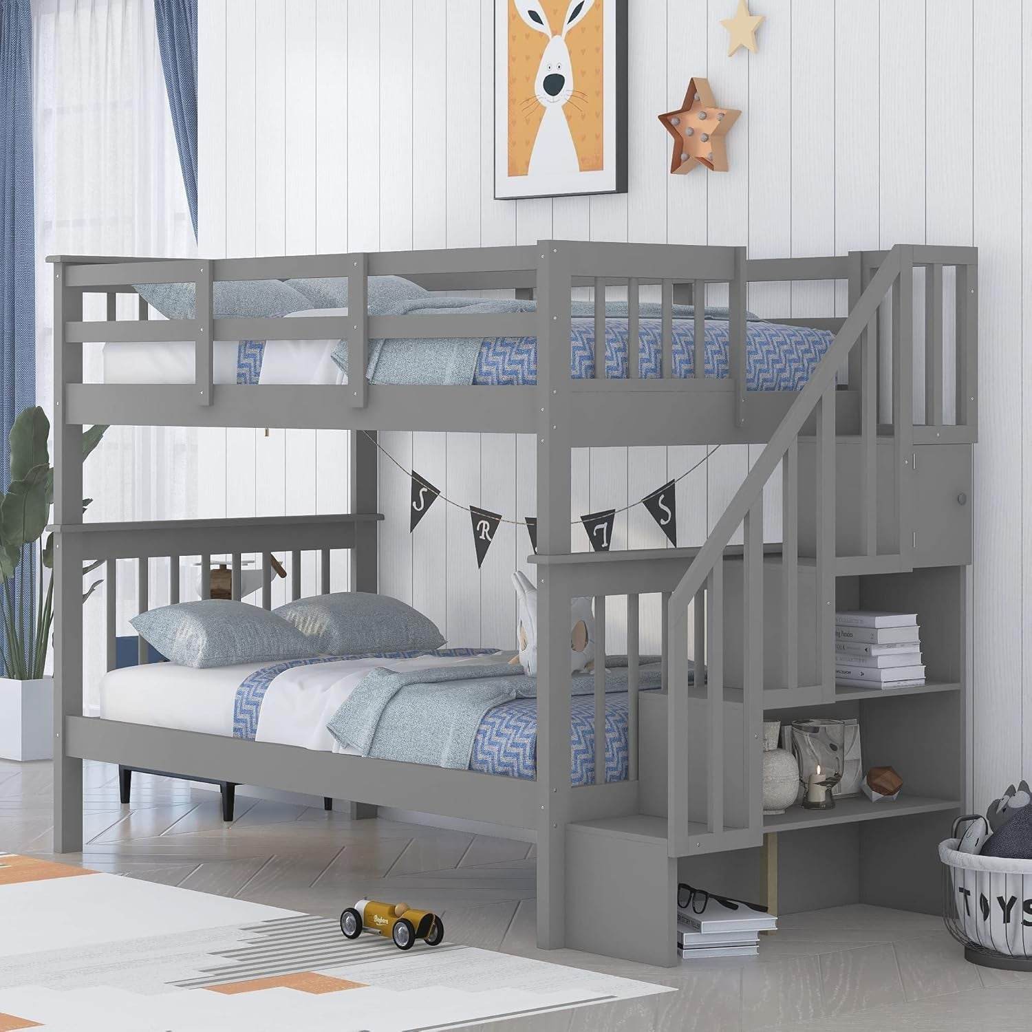 Bunk Beds Twin over Twin with Stairs, Wood Bunk Bed Frame with Storage and Guard Rail,Twin Bunk Beds for Kids, Bedroom, Dorm, Teens, Adults,Grey - Loft&Timber