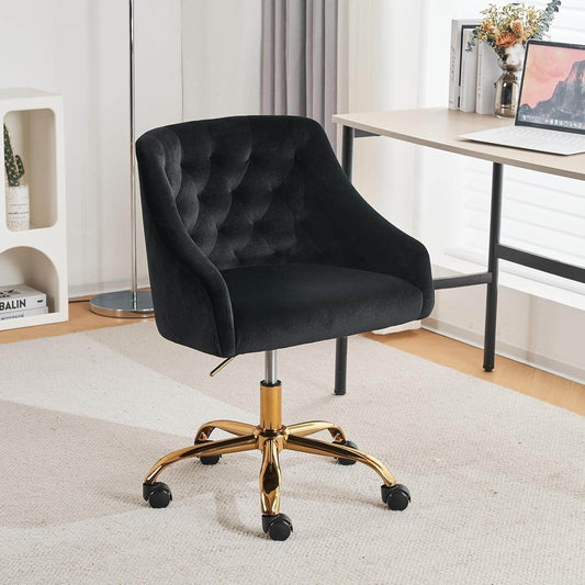 Velvet Office Swivel Chair, Vanity Chair, Fabric Desk Chair, Pretty Fancy Chair, Gold Office Chair for Girls, 360°Swivel Height Adjustable Reception Chair (Black) - Loft&Timber