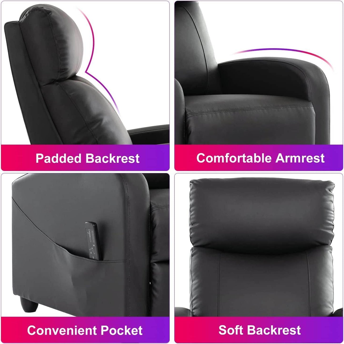 Massage Heated Recliner Home Theater Chair, Black - Loft&Timber