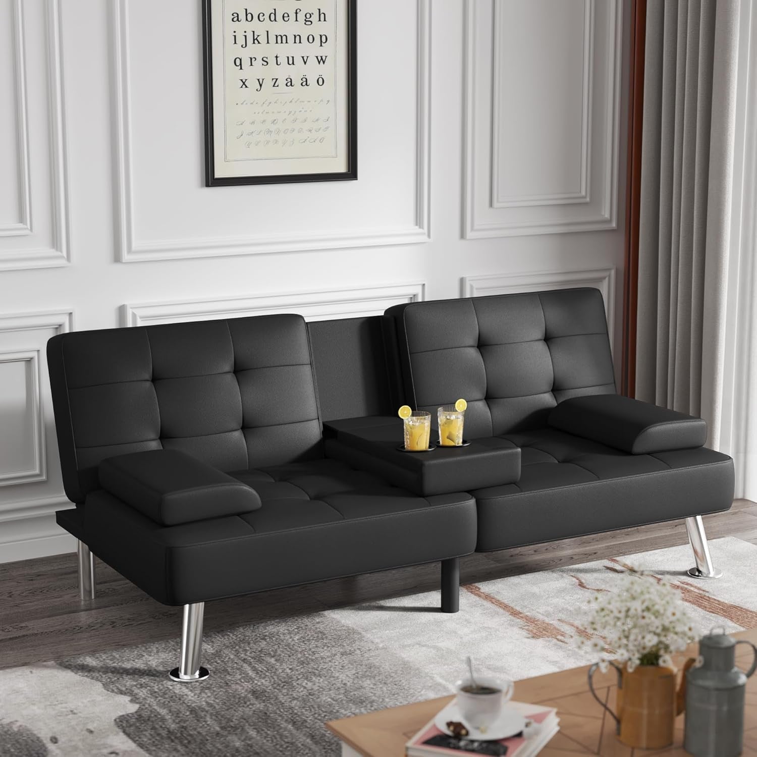 Futon Sofa Bed Modern Folding Futon Set Convertible Recliner Lounge for Living Room with 2 Cup Holders, Removable Armrests (PU Leather, Black)-0