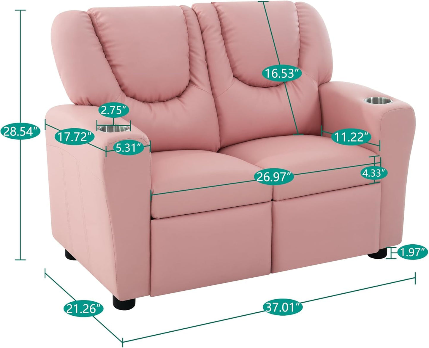 Suri Kids Recliner Loveseat – Spacious Toddler Recliner Chair Ages 3-5 with Cup Holders, Push-Back Function, and Adjustable Footrest - Pink-1