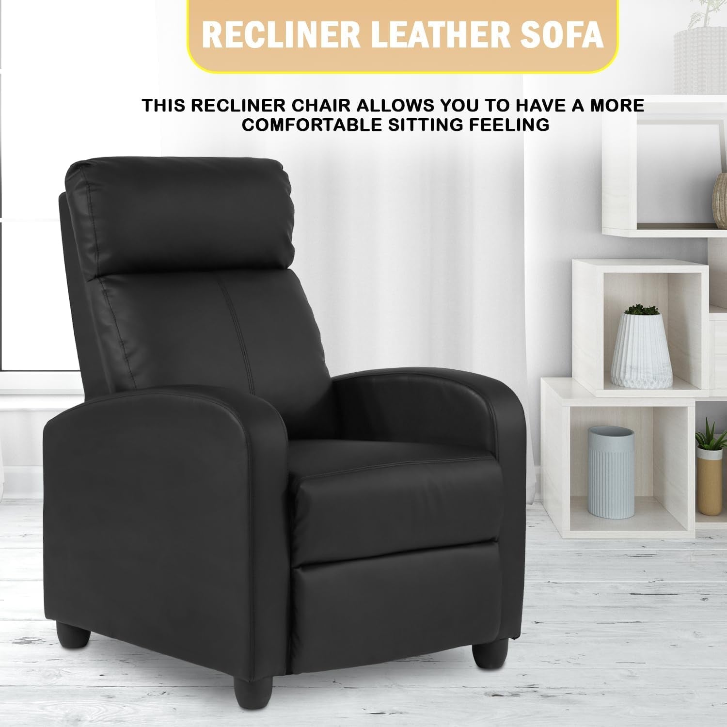 Recliner Chair Single Reclining Sofa Home Theater Seating with Lumbar Support and Padded Backrest for Living Room and Bedroom (Leather, Black)-2