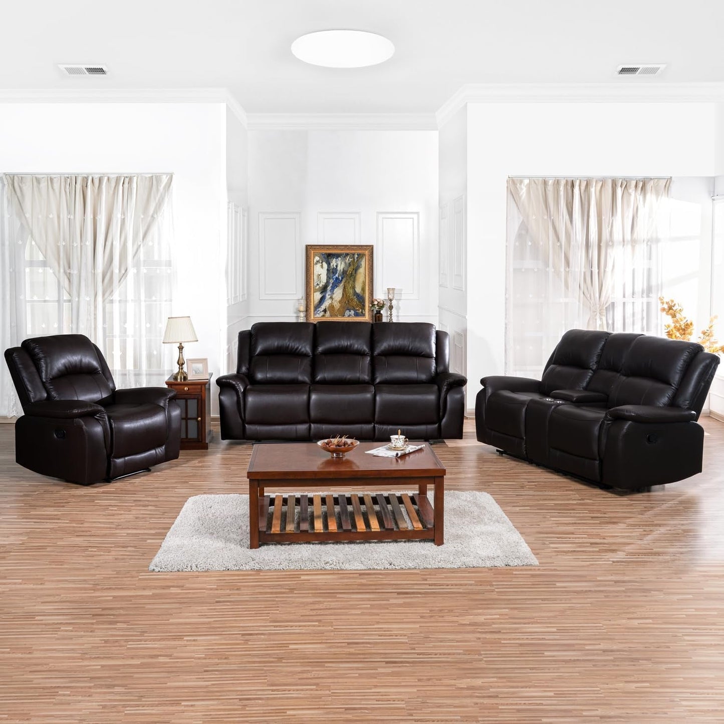 Katie Leather Recliner Sofa Set, Manual Recliner Sofa Couch - Living Room Furniture Set, Leather Reclining Sofa Recliner Couch for Office Home, Living Room Sofa Recliners, Air Leather, Espresso-0