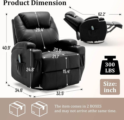 Recliner Chair, Rocking Chair with Massage and Heat, 360° Swivel Recliner Chairs for Adults, Rocker Manual Recliner with Remote Control and Cup Holder for Living Room, Bedroom, Nursery - Loft&Timber