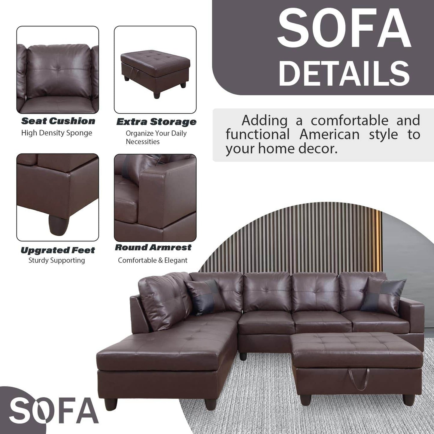 Ponliving Furniture Modern L-Shaped Leather Sectional Sofa Left Hand Facing (Brown) - Loft&Timber