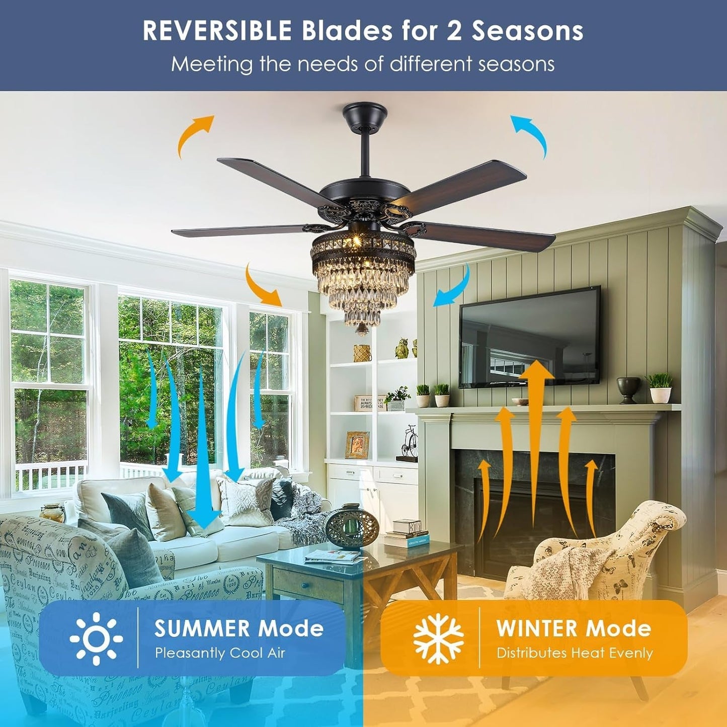 Crystal Ceiling Fan Fandelier with Lights - Modern Outdoor Fans with Remote Control，Noiseless AC Motor, Retro/Farmhouse Lighting, Dining Room， Living Room (52" - Loft&Timber