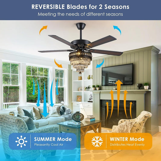 Crystal Ceiling Fan Fandelier with Lights - Modern Outdoor Fans with Remote Control，Noiseless AC Motor, Retro/Farmhouse Lighting, Dining Room， Living Room (52" - Loft&Timber