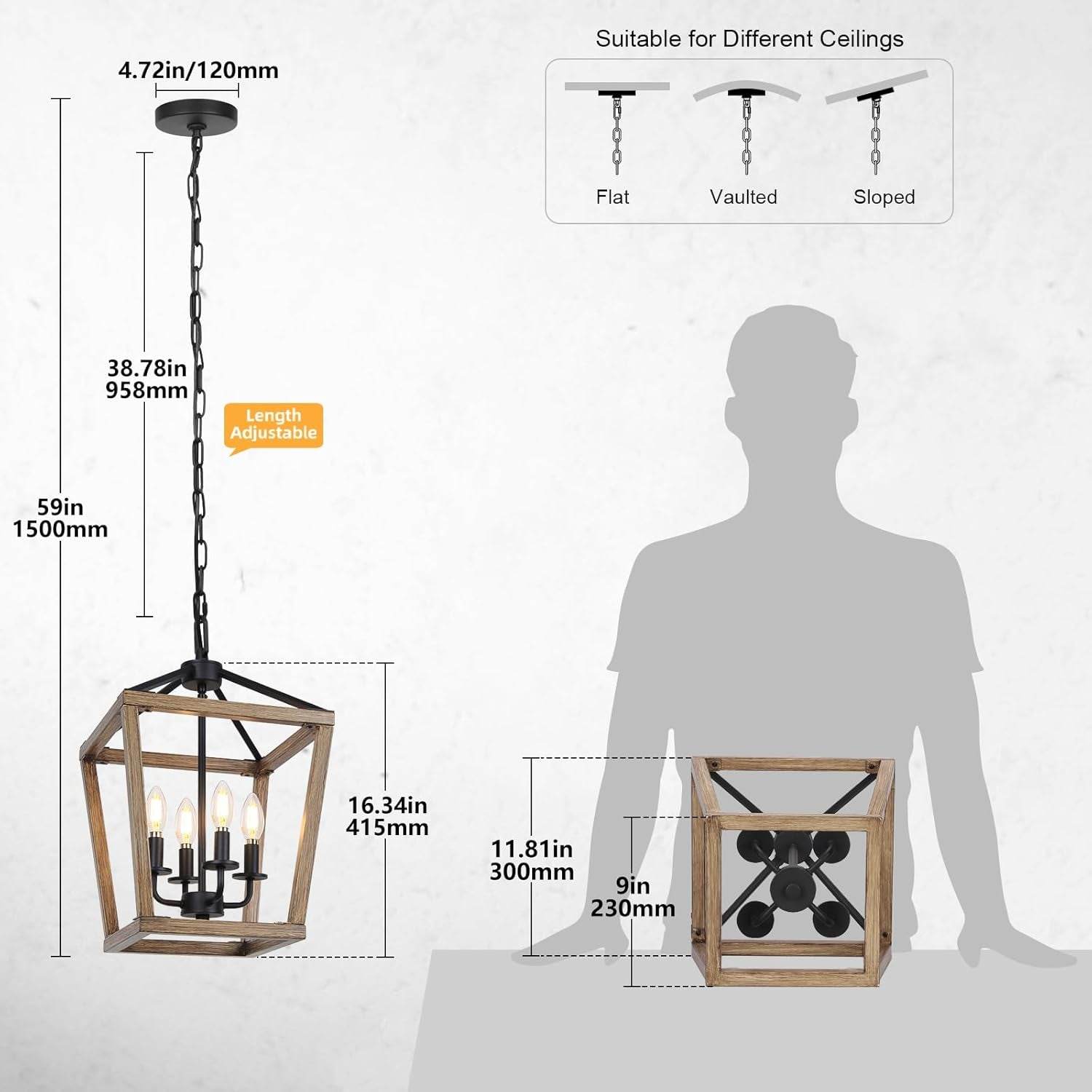 4-Light Farmhouse Chandelier Rustic Wood Cage Light - Loft&Timber