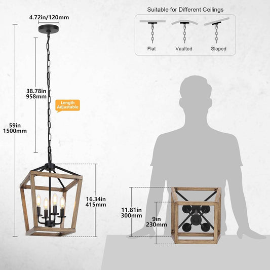 4-Light Farmhouse Chandelier Rustic Wood Cage Light - Loft&Timber