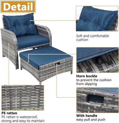 5 Pieces Wicker Outdoor Patio Chairs Set with Ottoman, All Weather PE Rattan Patio Conversation Furniture Set Outdoor Furniture Set with Hidden Ottoman for Poolside Garden Balcony, Blue - Loft&Timber