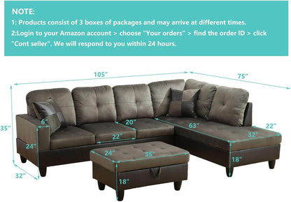 Taupe Sectional Couch for Living Room Set, 105 Inch Sectional Sofa L Shaped Couch with Storage Ottoman/Microfiber Fabric/Facing Right Chaise - Loft&Timber