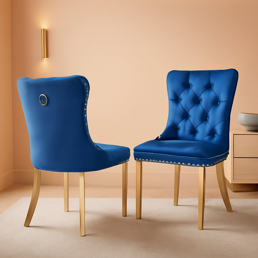 Blue Velvet Dining Chair Set Of 2 With Tufted Nailhead Trim-0