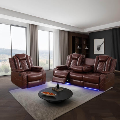 Power Brown Leather Reclining Sofa Set with LED Light - Loft&Timber