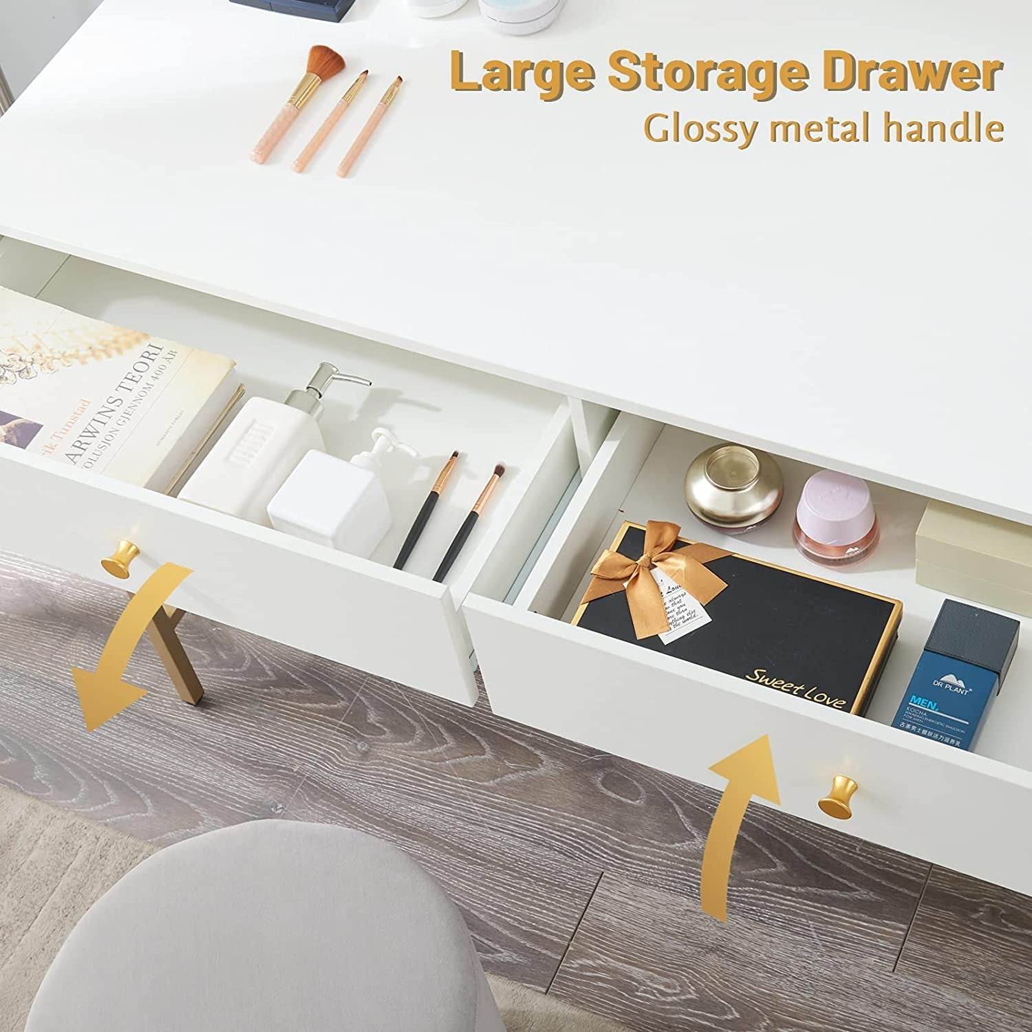 Vanity Desk with Drawers - White and Gold - Loft&Timber