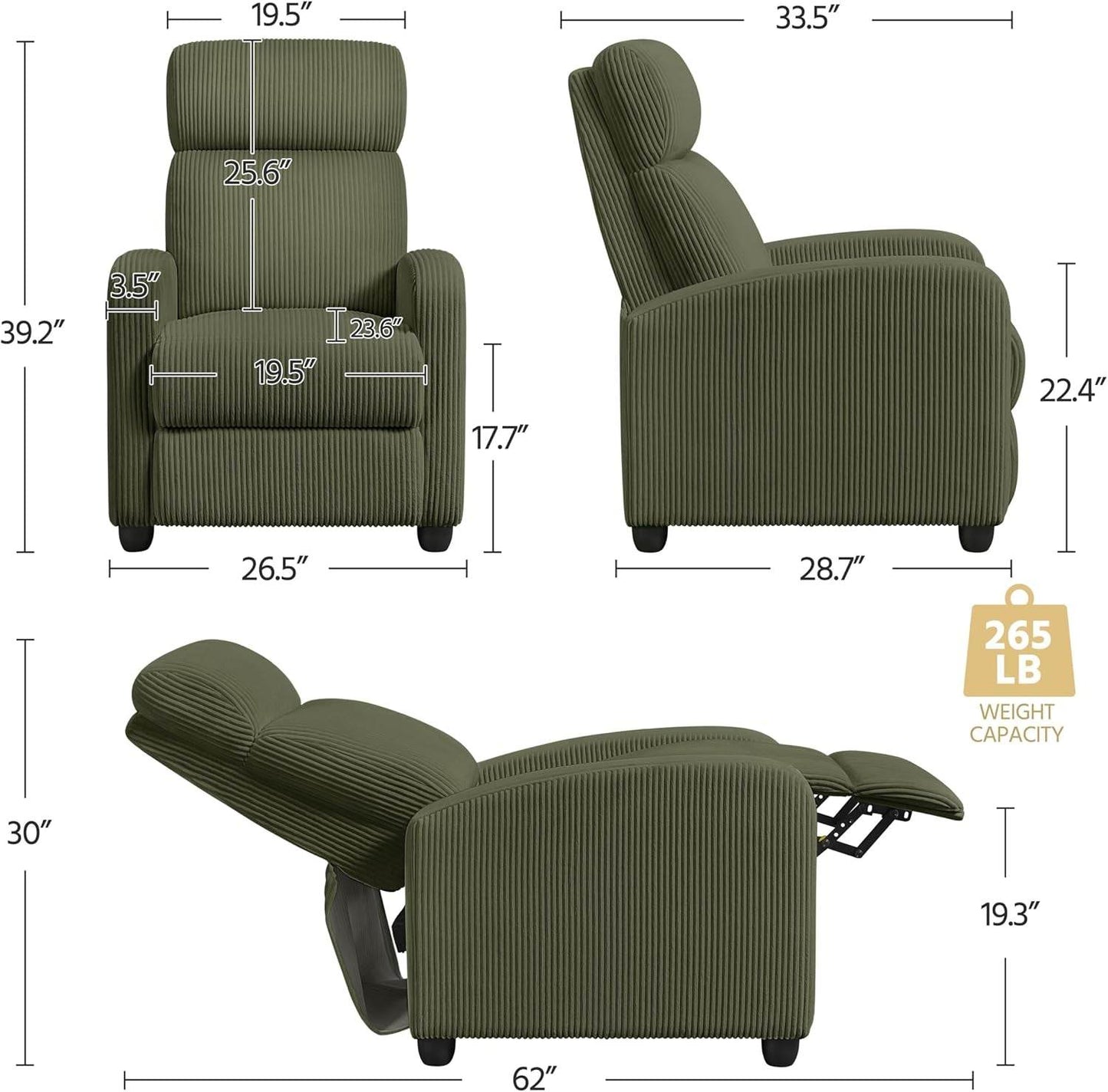 Corduroy Recliner Chair Single Sofa Dark Green - Loft&Timber