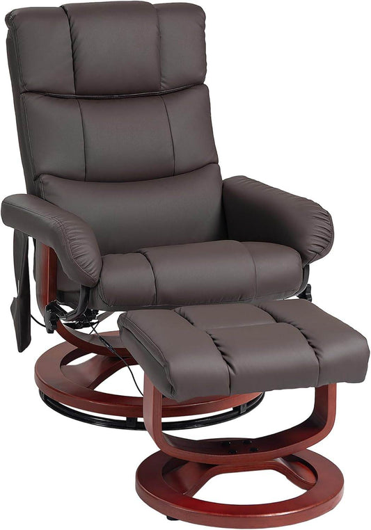 Massage Recliner Chair with Ottoman, Swivel Recliner and Footrest, Faux Leather Reclining Chair with Remote Control and Side Pocket, Brown - Loft&Timber